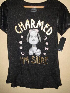Peanuts brand Belle Charmed T-shirt dark grey with gold foil, bling sleeves NWT